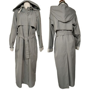 London Fog - Gray Maxi Raincoat Trench Coat w/ Removable Hood Belt Lined - Sz 12